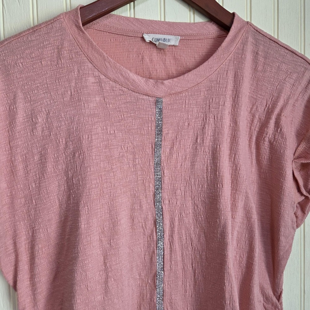 Como Blu Shirt Womens Large Pink Sequin Front Ruched Cap Sleeve Top Textured